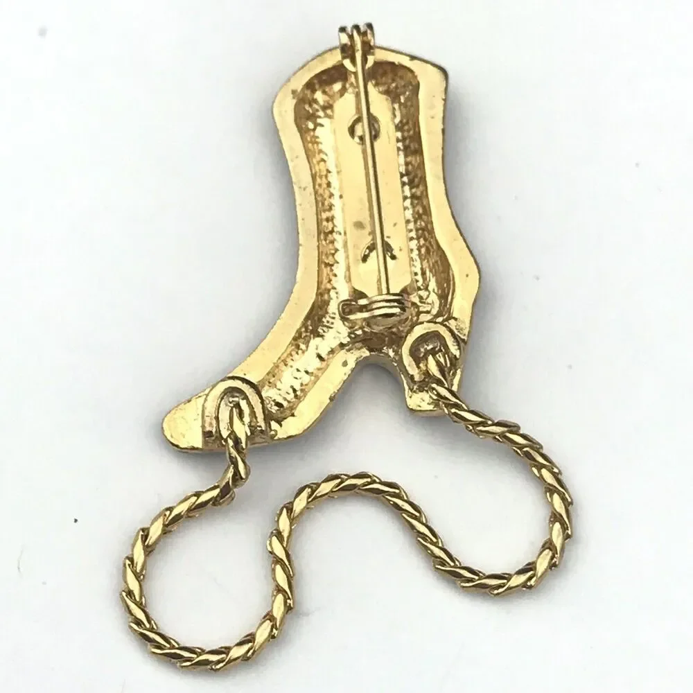 Cowboy Boot Southwestern Pin Brooch Vintage Gold Tone Black Enamel Metal Rope